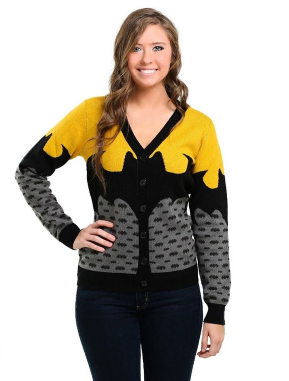 New FUN Batman Cardigan Sweater Size XL Yellow Knit Button-Up Geek Comic DC